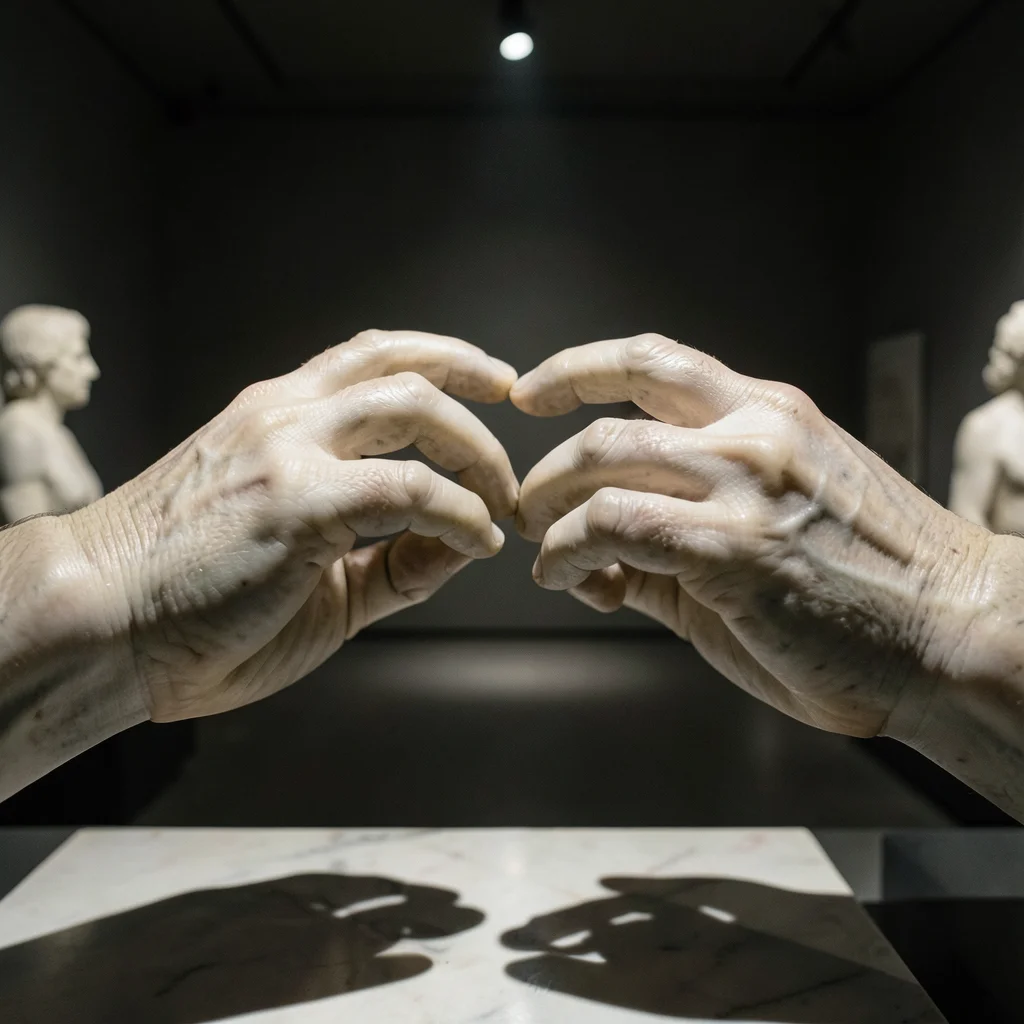 Marble hands reaching toward each other, almost touching, veins and tendons visi