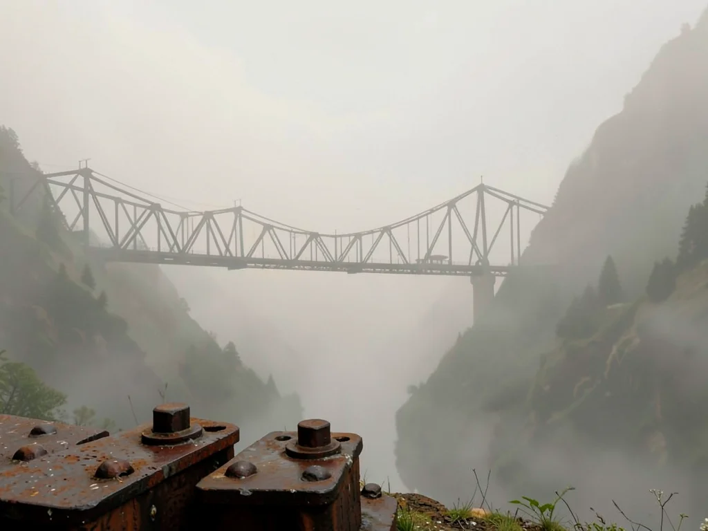 Iron trestle spanning a fogged-in valley, bolts and rivets at the foreground, th