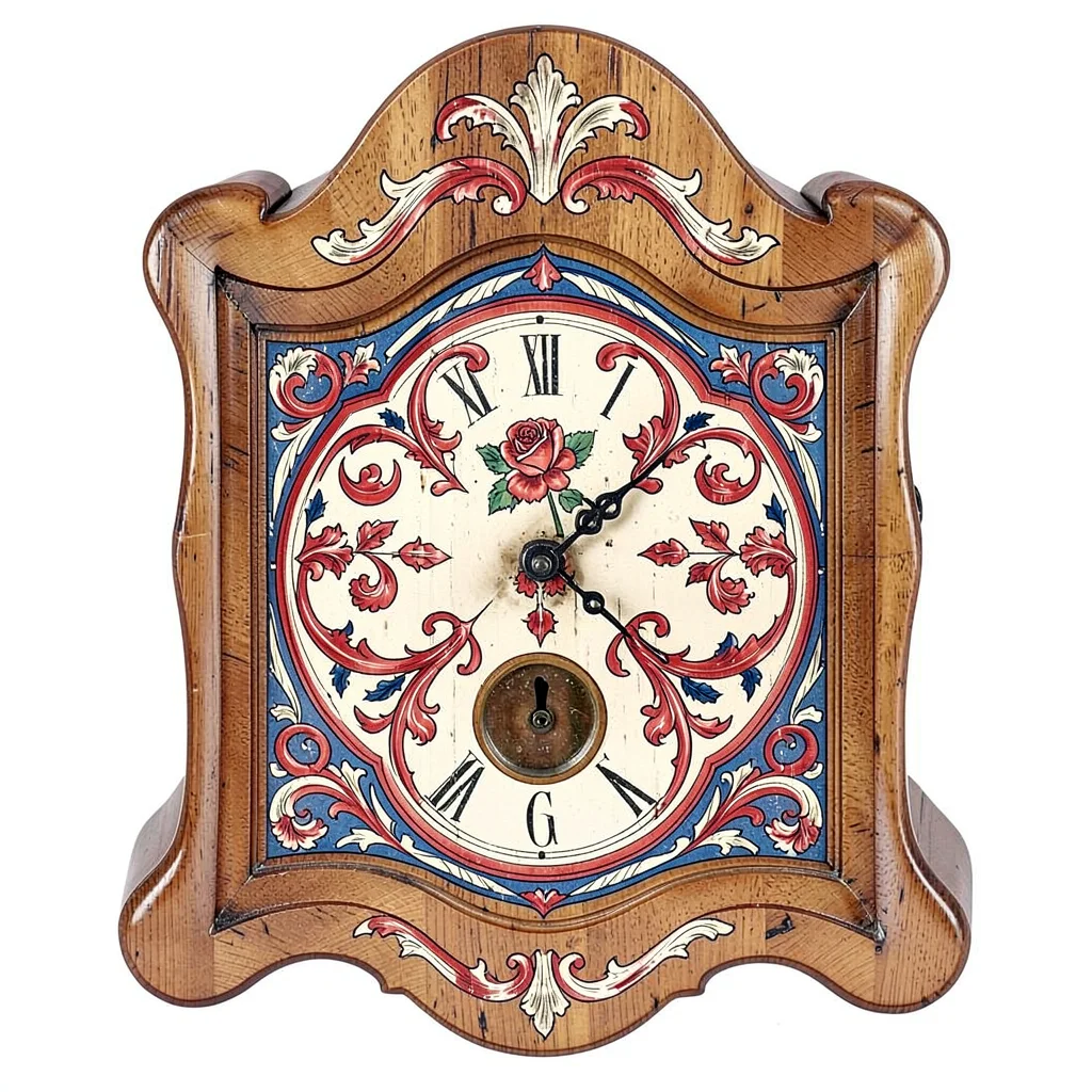 Scandinavian rosemaling illustration, a wooden clock case with symmetrical curve