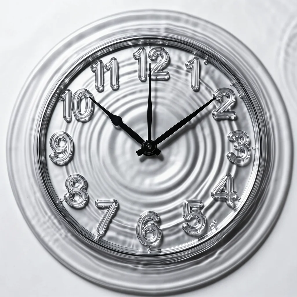 Liquid mercury clock face, numbers dissolving into metallic ripples
