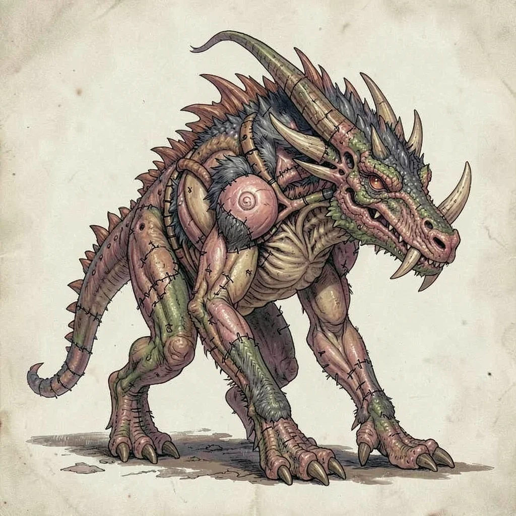 Fantasy creature illustration, a chimeric beast fused from multiple species, sho