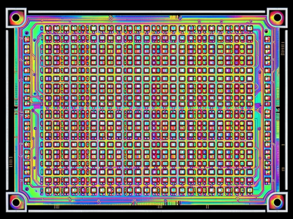 Memory chip die with regular array pattern, millions of identical storage cells 