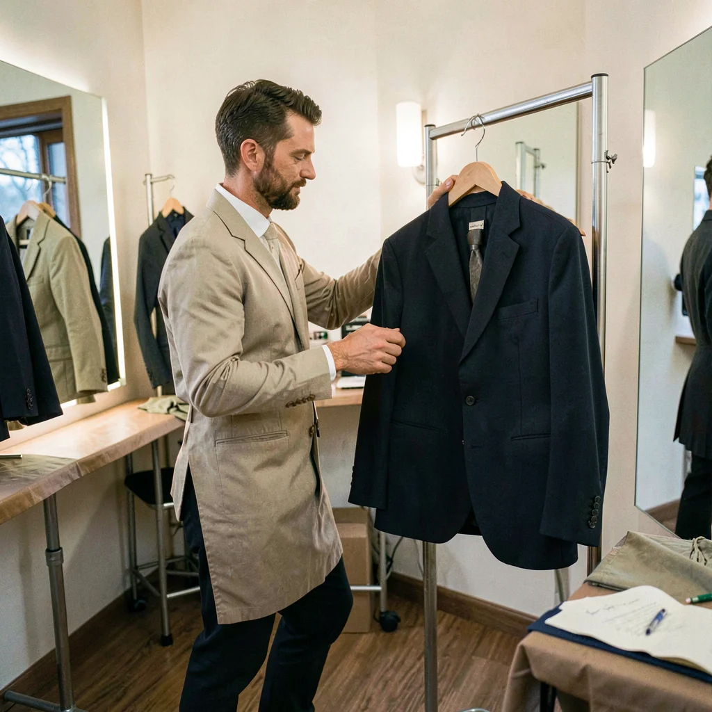 Vertical portrait of a tailor walking a fitting room with a jacket on a hanger