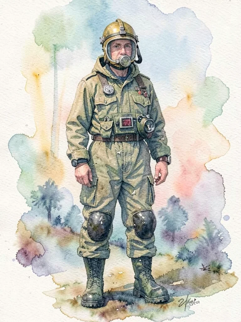 A weathered diver standing tall in heavy canvas suit, brass helmet catching fain