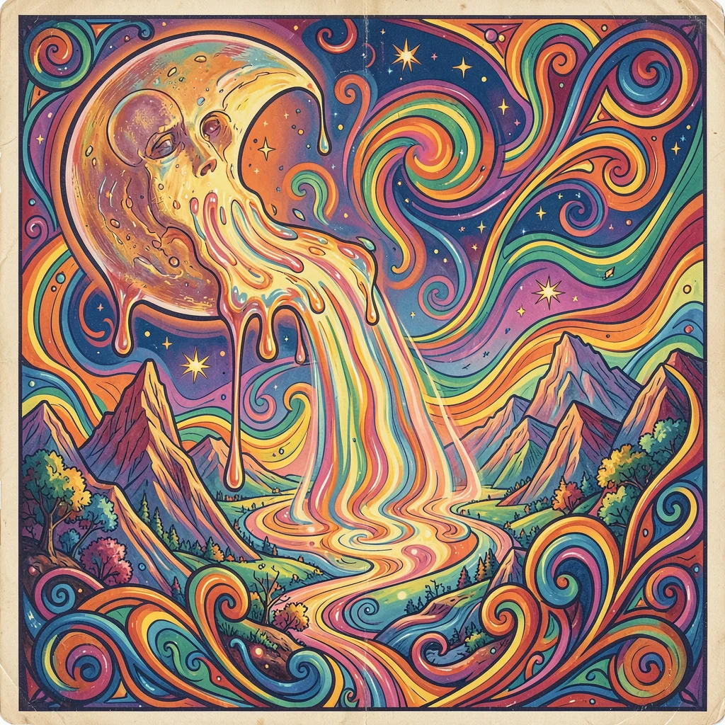Psychedelic poster illustration, a moon dripping liquid light onto landscape , v