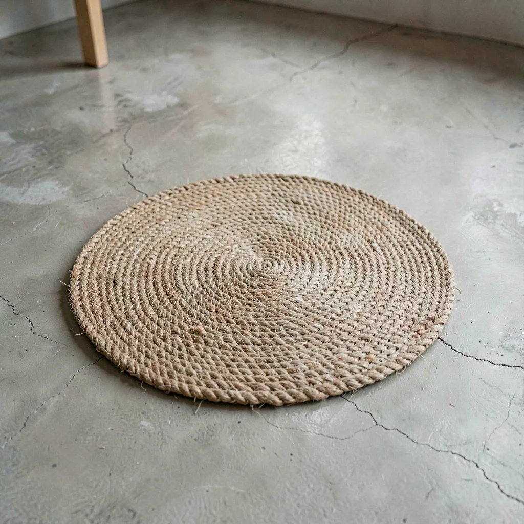 A single round woven jute mat placed centrally on washed concrete, fibers radiat