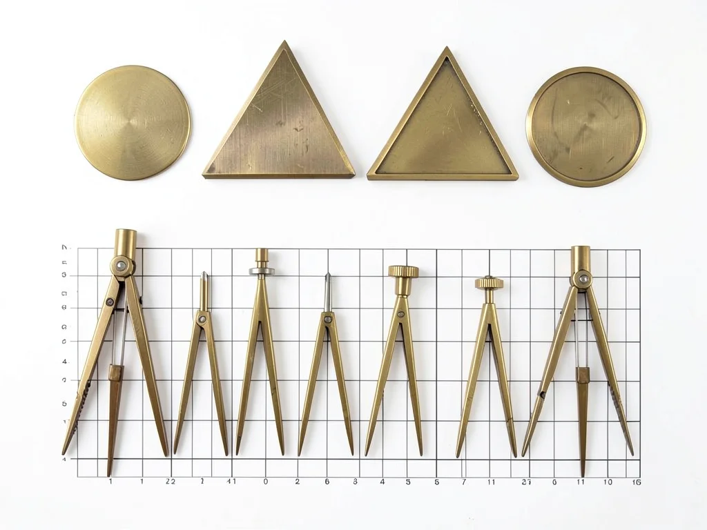 Row of drafting compasses arranged by size, brass on white background, top-down 