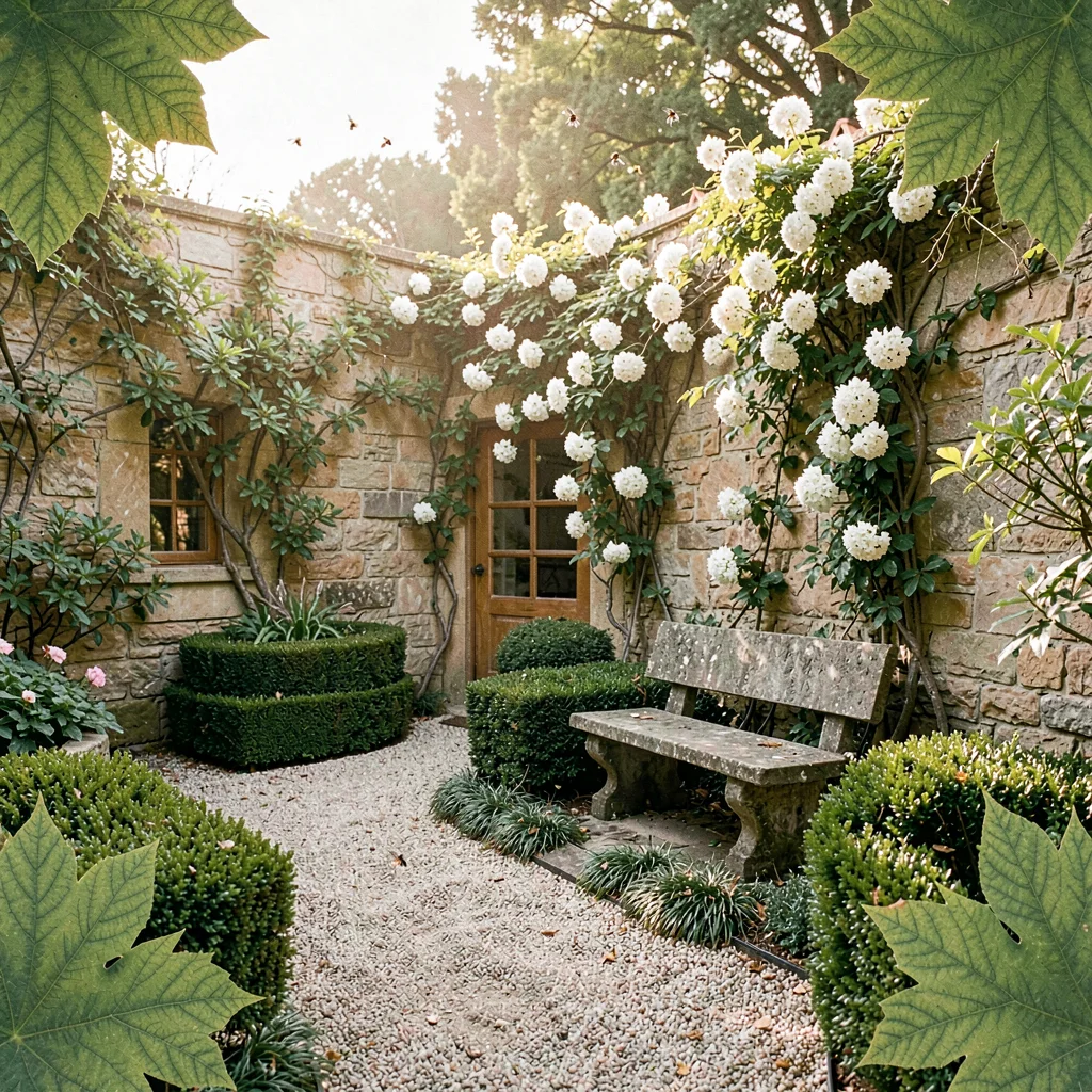 Botanical moodboard of a walled garden courtyard, gravel paths curving between l