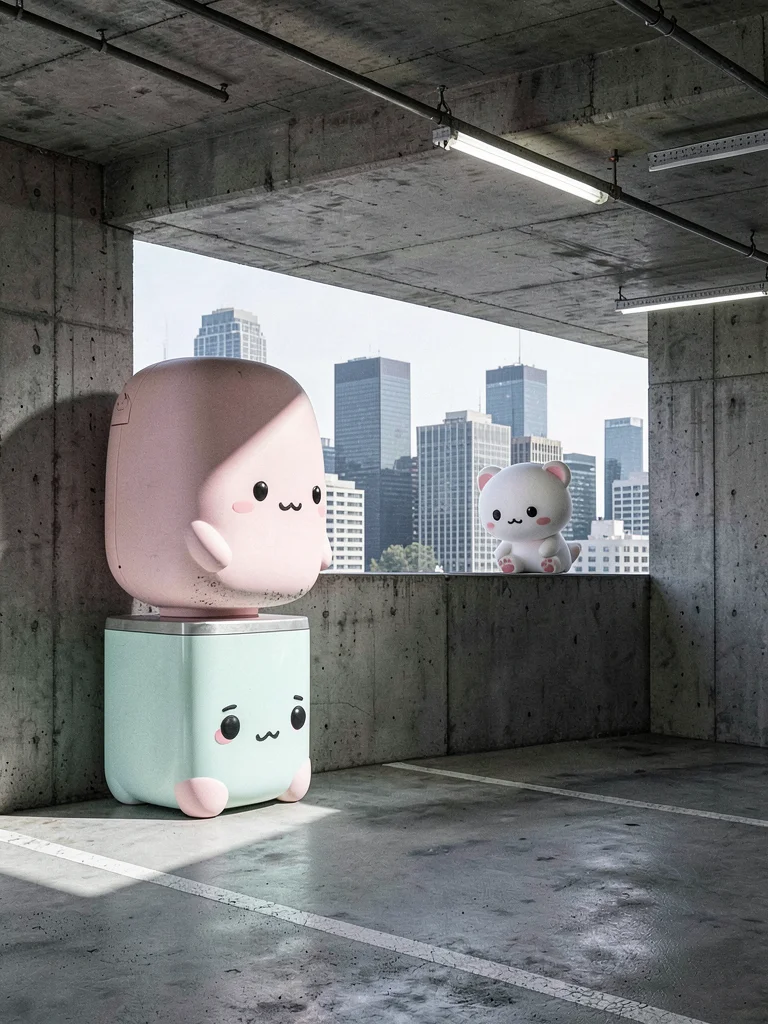Rilakkuma bear on parking garage rooftop, city skyline behind, harsh daylight no