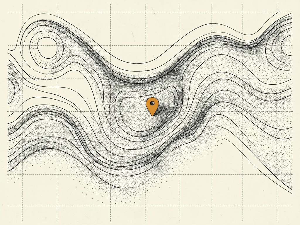 Topographic-style contour map of an imaginary digital terrain with stippled grad