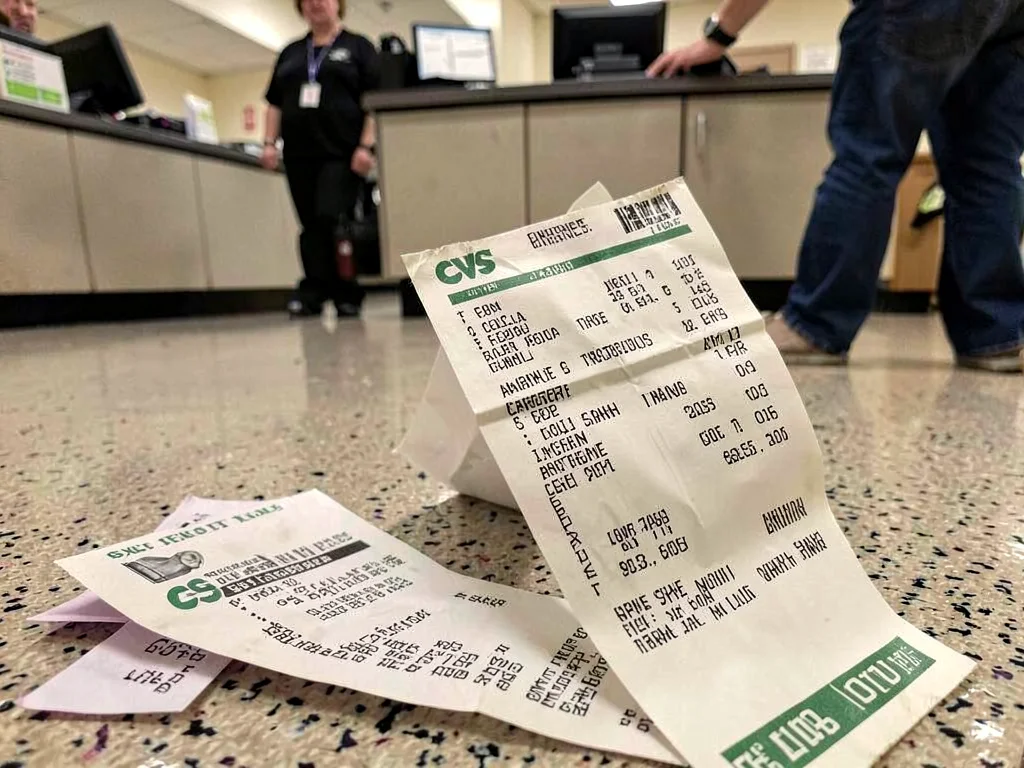 CVS receipt unfurling to floor, buyer's tired acceptance, the coupon novel, regi