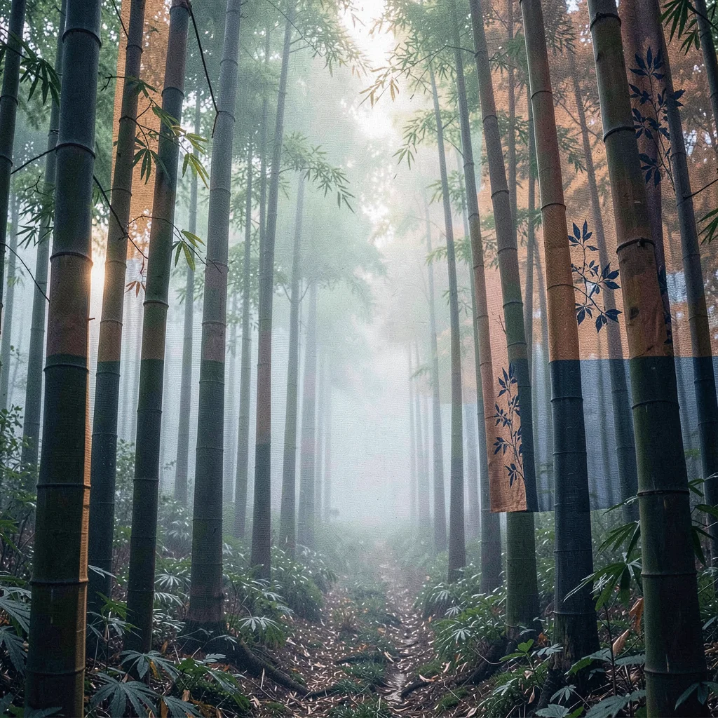 Through the textile eye of Kyoto, woven and dyed, Morning mist rising from a bam