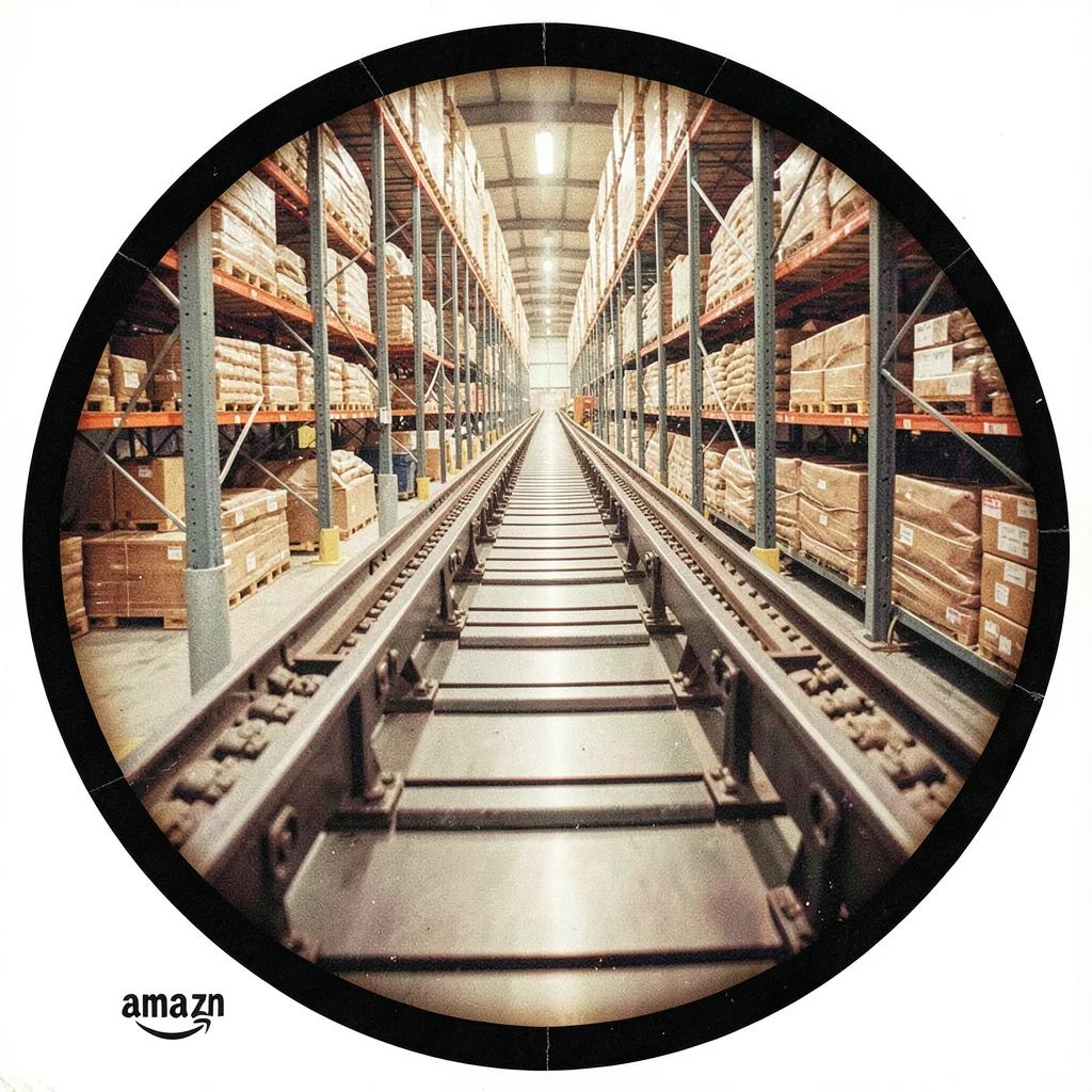 Amazon fulfillment warehouse conveyor belts as a View-Master tourism slide with 