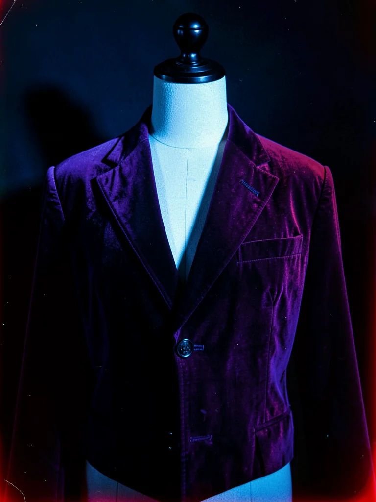 Deep purple velvet jacket on a mannequin torso — shadows going almost black, hig
