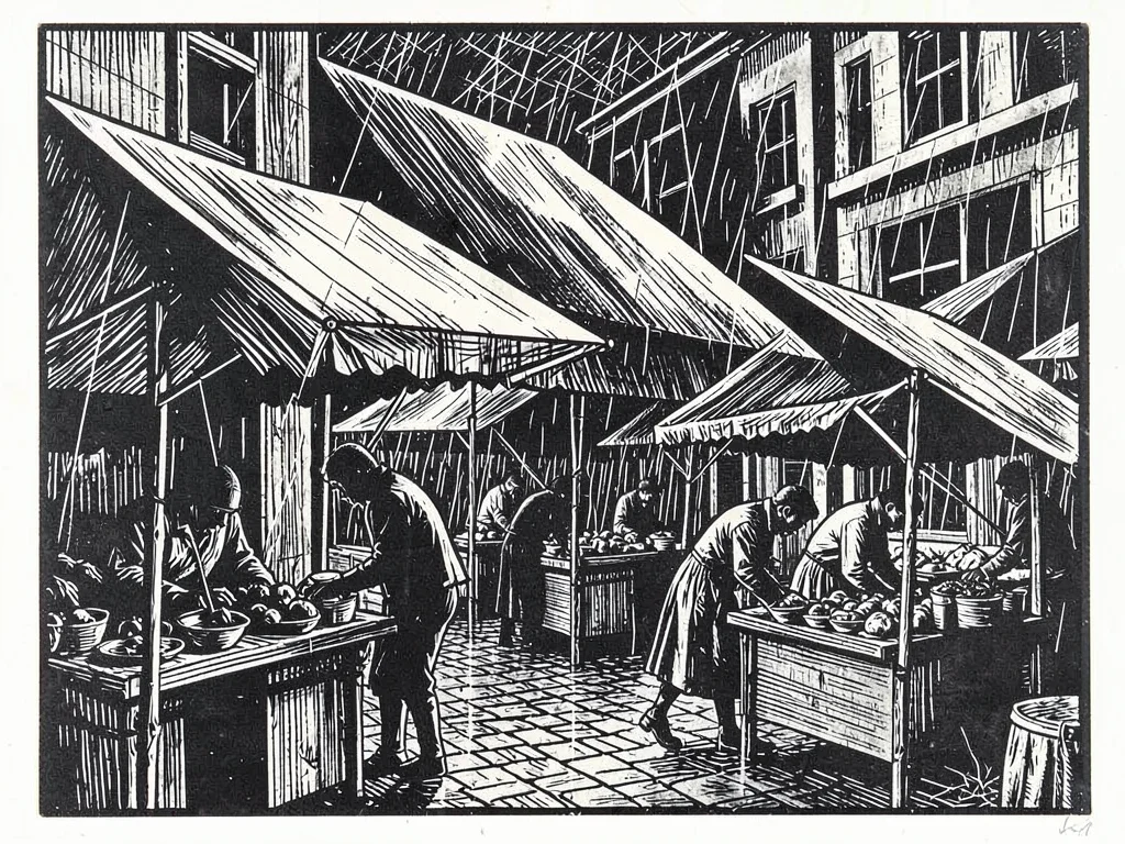 Market stalls in the rain, awnings as slashing lines, figures hunched