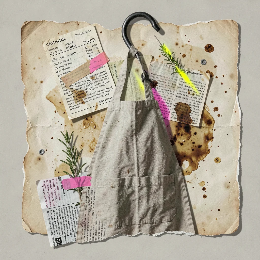 Vintage-collage scene of a stained linen apron hanging from a bent iron hook, sc