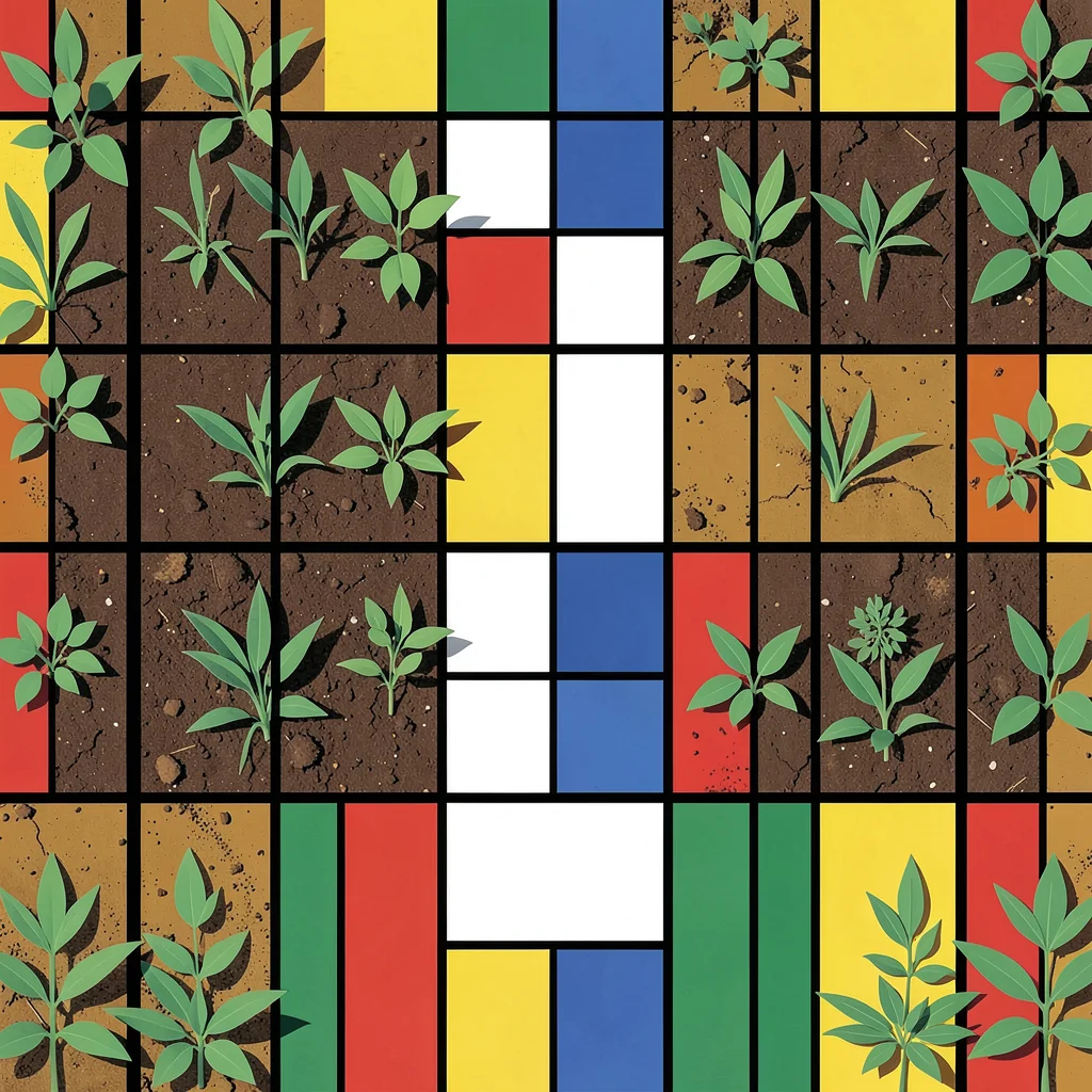 Vegetable garden overhead — soil, crops, path as pure primary rectangles