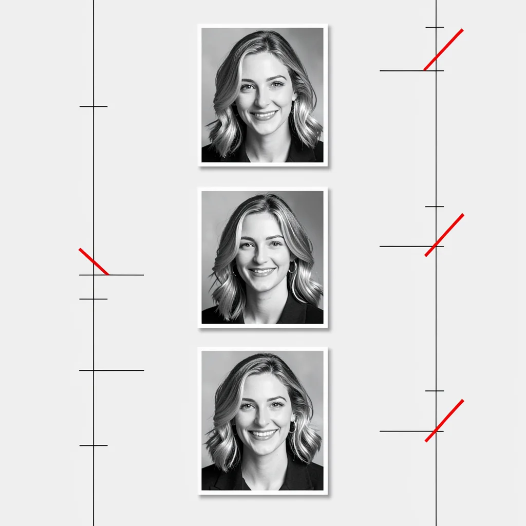 Vertical contact sheet of six small portraits with construction ticks down the s