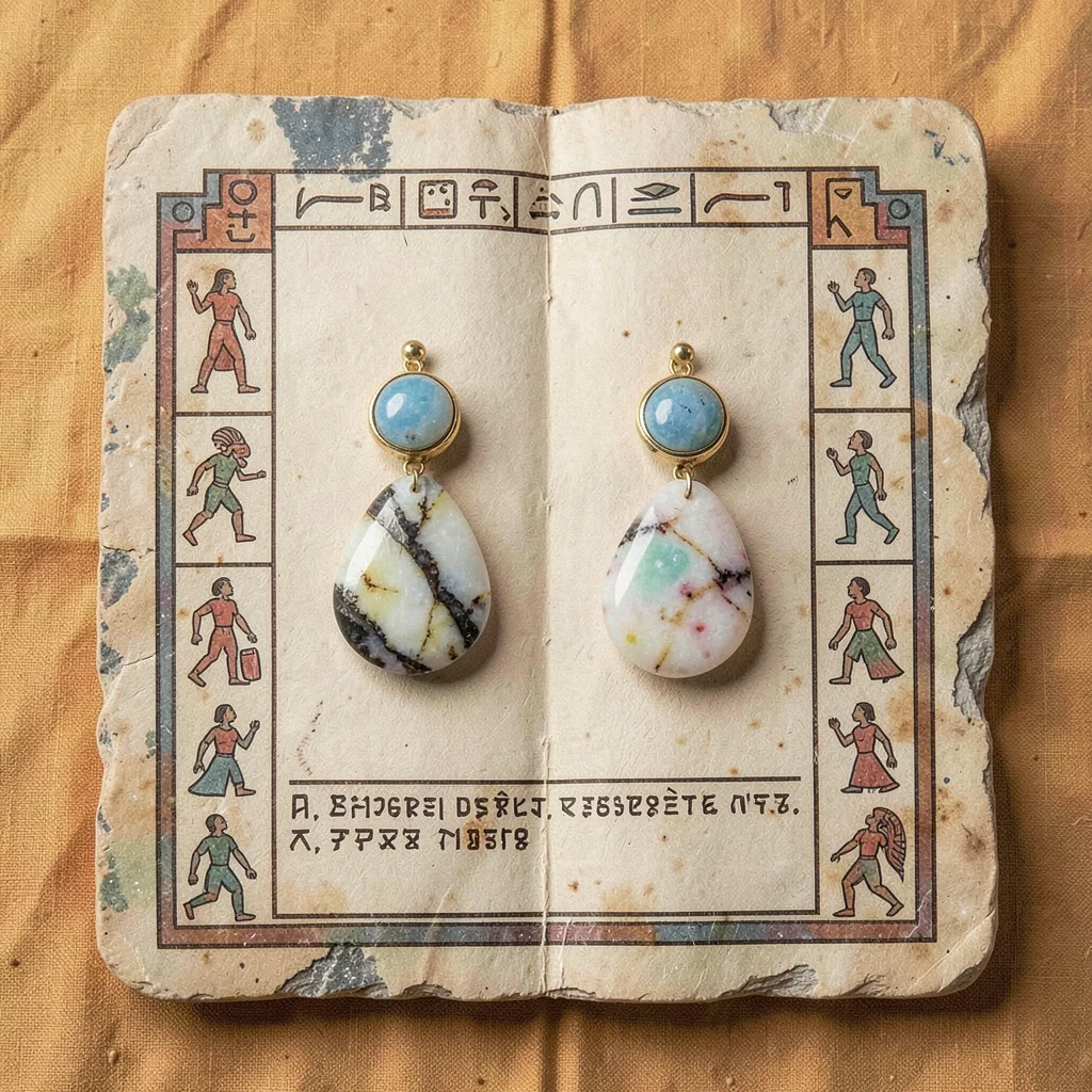 Shell and jade earring pair on stone surface, top-down, ochre cloth background