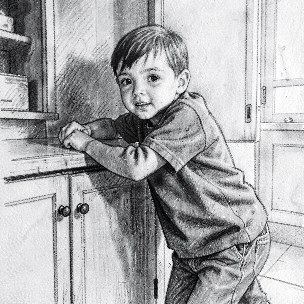Loose charcoal portrait of a kid leaning on a cabinet mid-game, smudged shadow