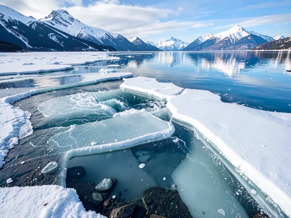 Frozen wave forms near shore showing water motion