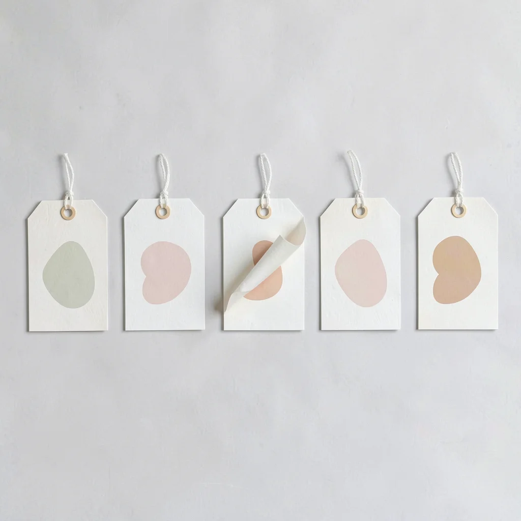 A horizontal row of five abstract gift-tag designs in a clean row with thin gutt