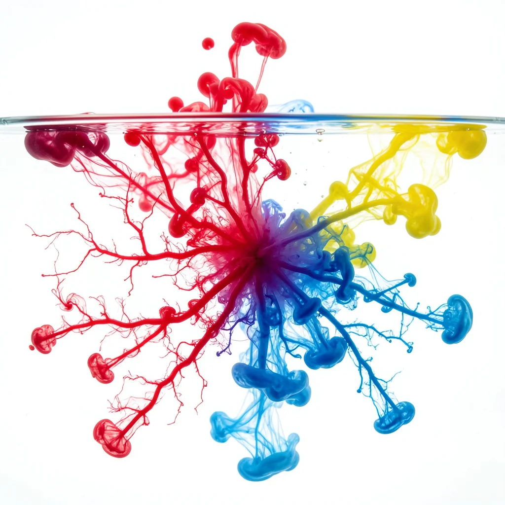 Primary color inks blooming in water, red blue yellow learning palette