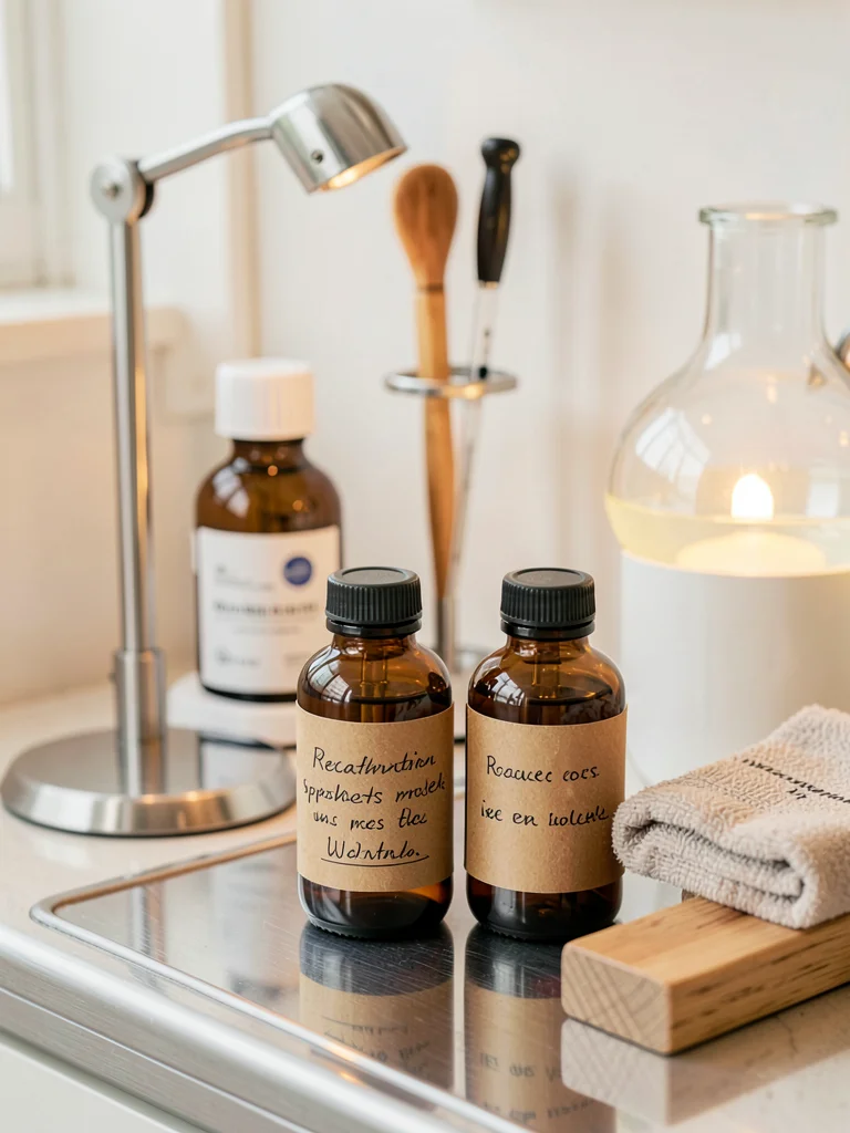 Prescription bottles with handwritten labels on kraft paper, apothecary warmth