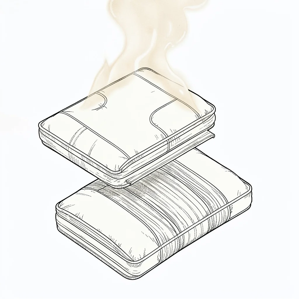 Axonometric exploded view of a meditation cushion and zafu fill, layered ivory l