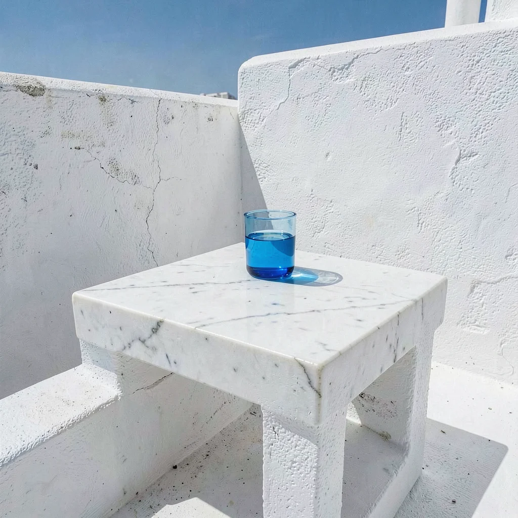 Cycladic whitewash study, Greek island lime, White marble table with blue glass 