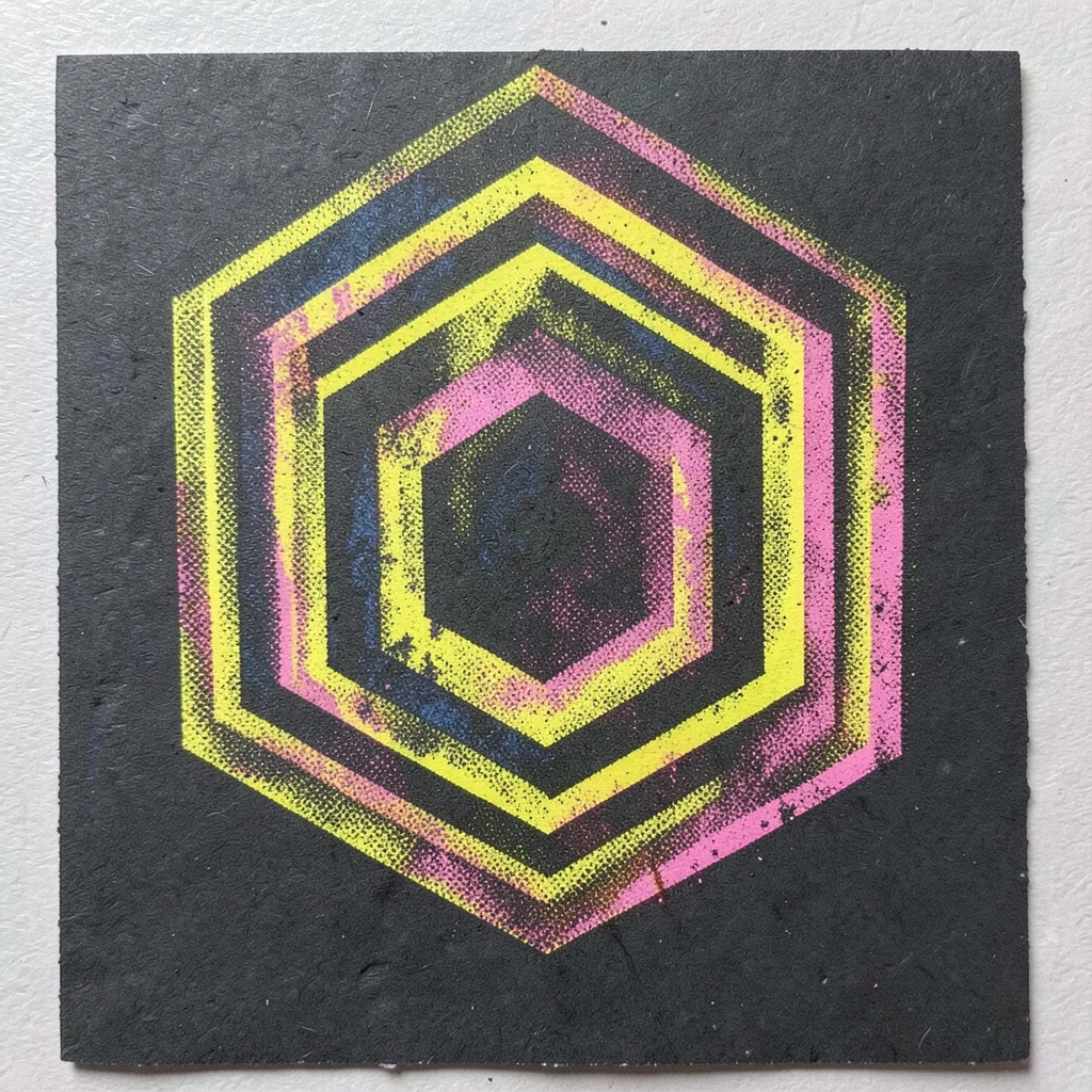 Fluorescent yellow risograph ink on dark charcoal paper, high-contrast geometric