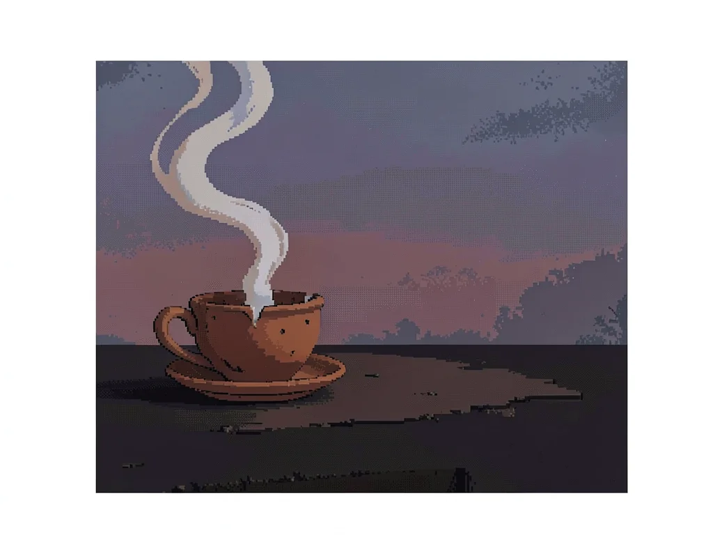 Steam rising in slow curls from a chipped clay teacup placed near the edge of a 