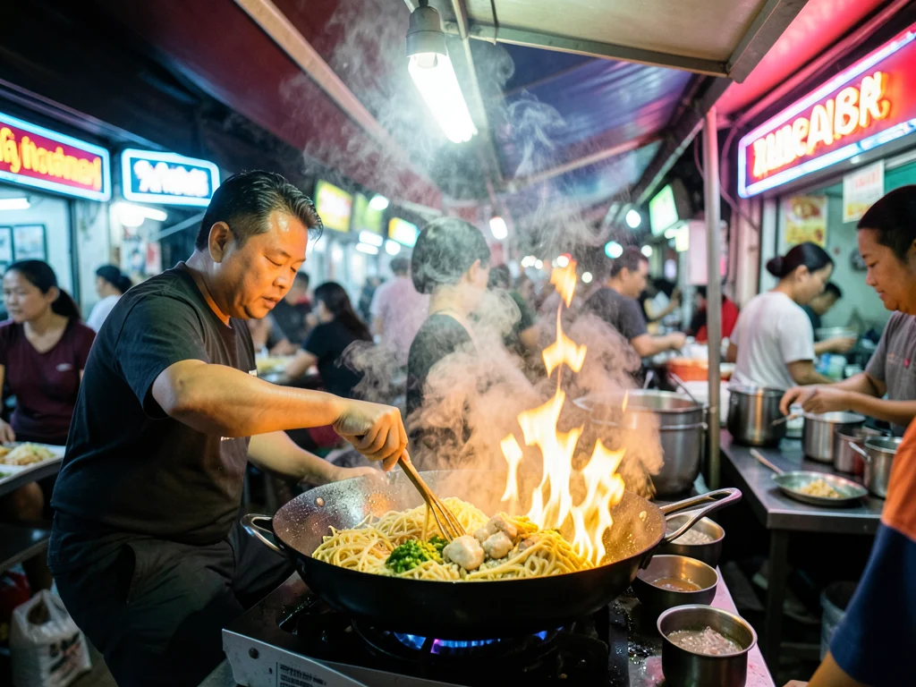 A night market stall in Bangkok, a wok engulfed in flames as the cook tosses pad