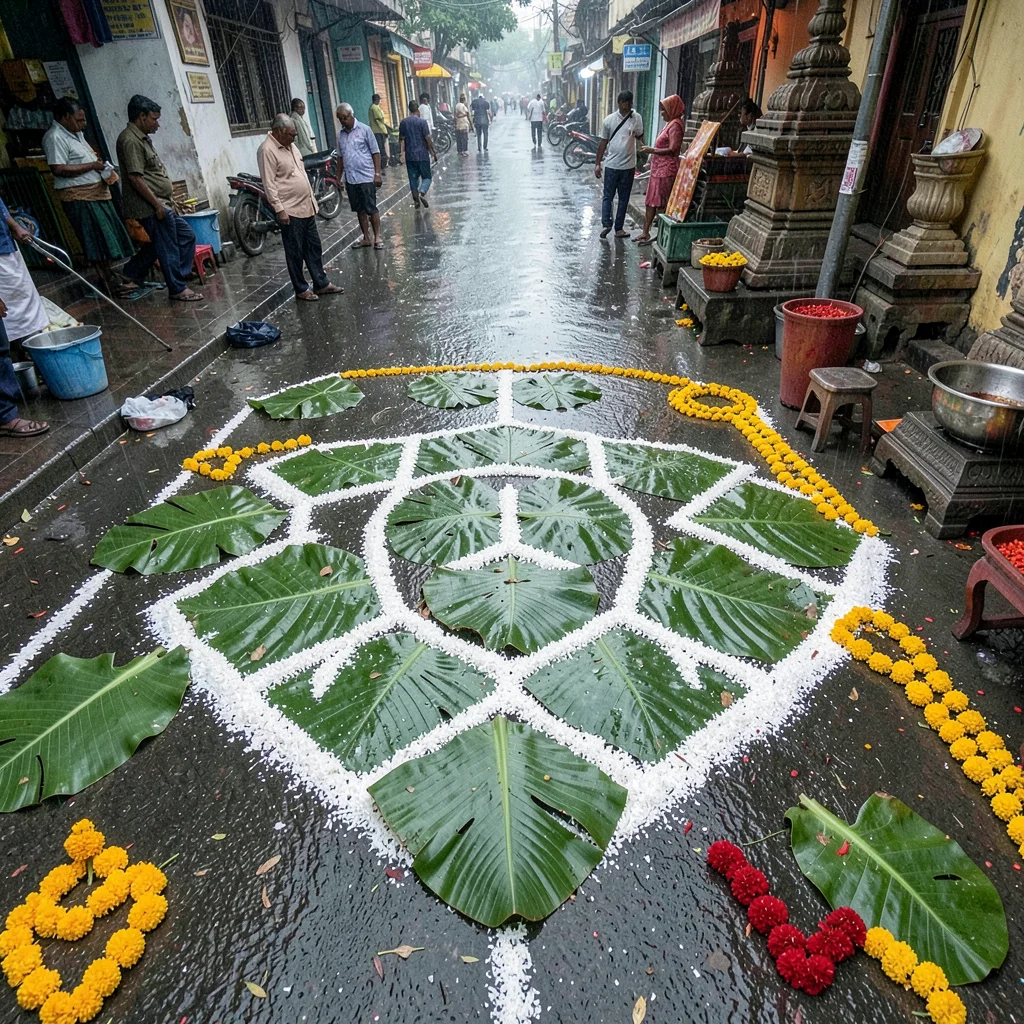 Looking down at Chennai's overlooked patterns, Banana leaves placed on kolam for