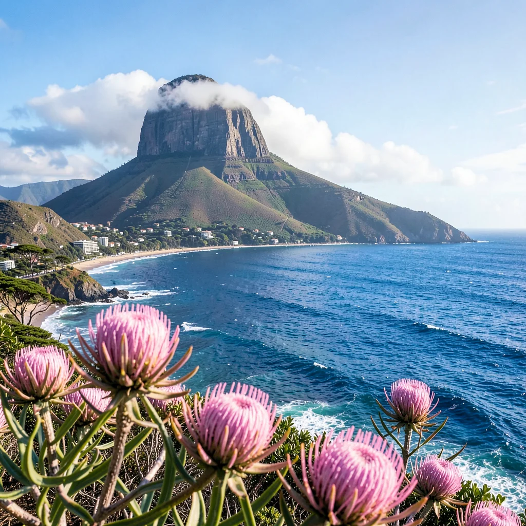 Cape Town mountain-sea duality, Table Mountain backdrop, protea flower in foregr
