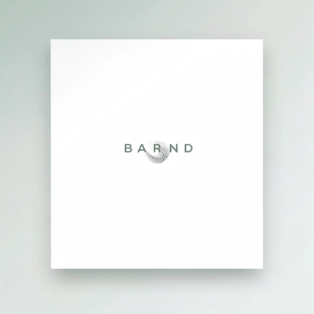 Brand card composition with airy white space and a small abstract sand-grain sym