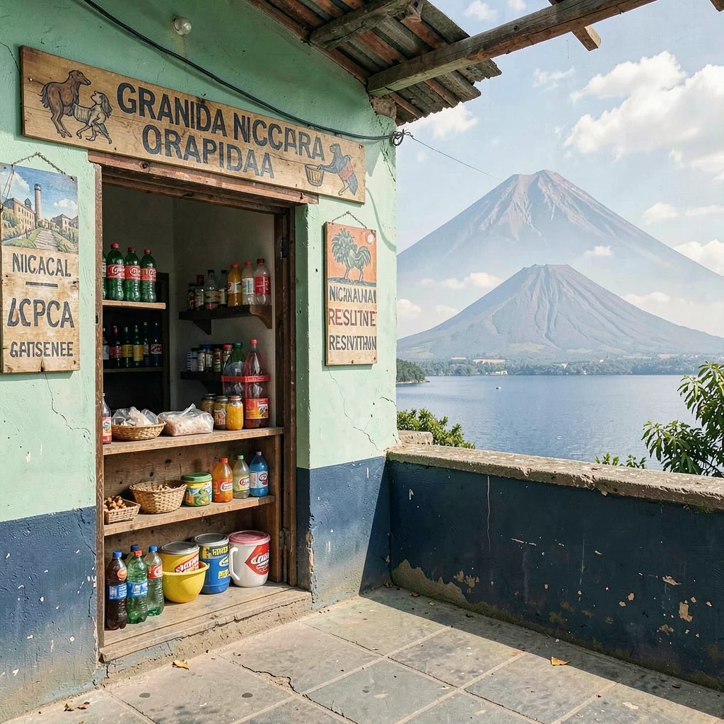 Colonial color against volcano in Granada, Nicaragua, A corner pulperia with han