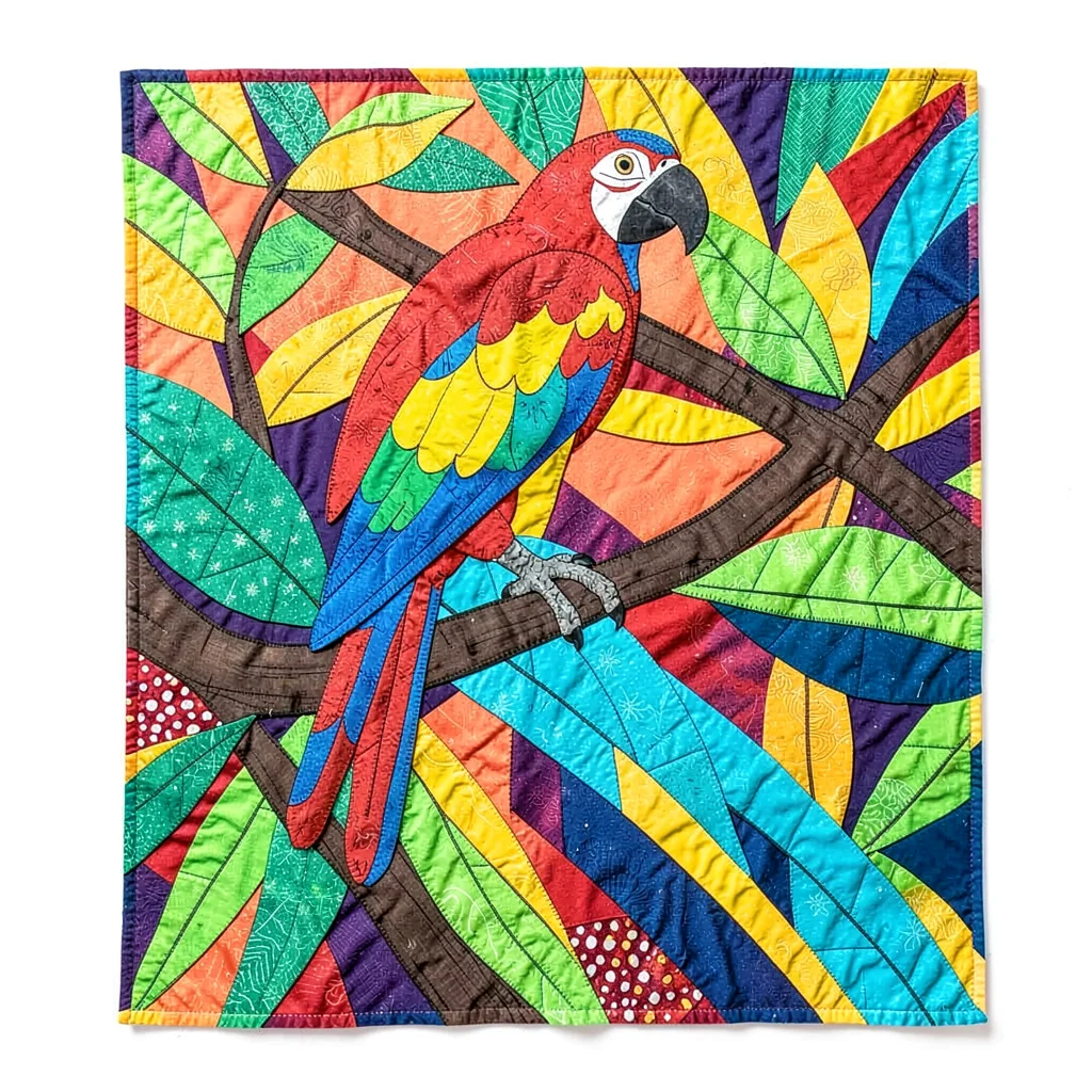 Panamanian mola textile illustration, a parrot perched on branches with foliage 