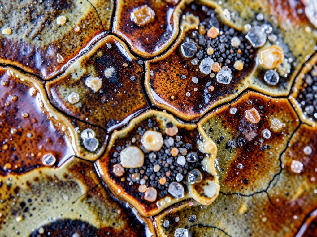 Crawling glaze texture, deliberately thick application causing surface to crack 