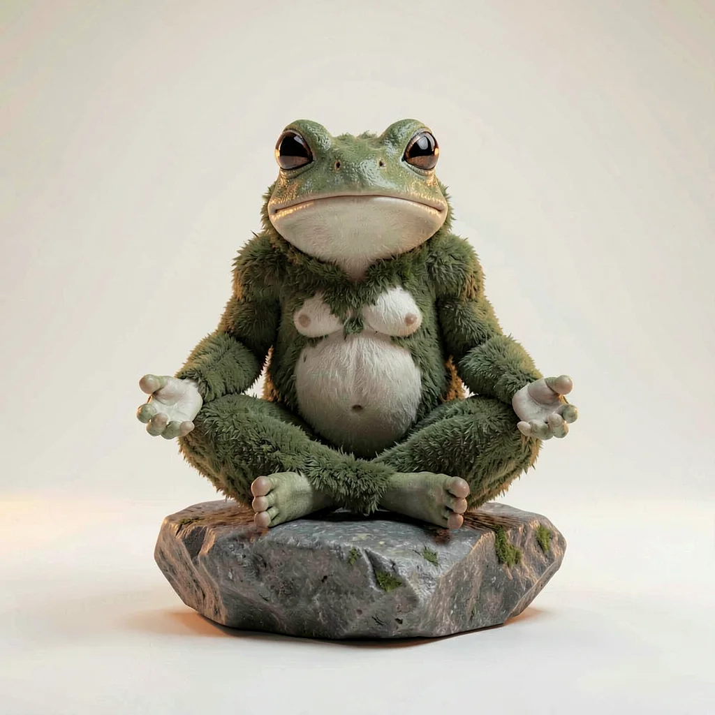 Mossy frog-elder seated atop an invisible stone with hands resting on knees in c