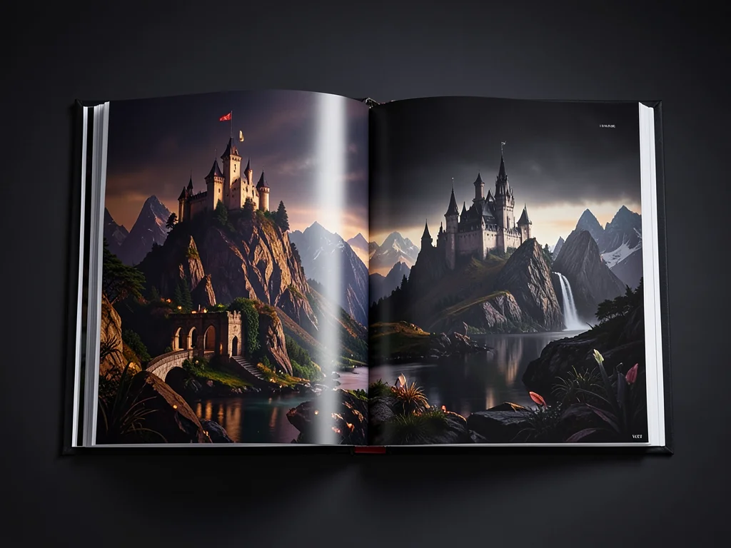 Open book silhouette containing fantasy landscape with castles, double exposure