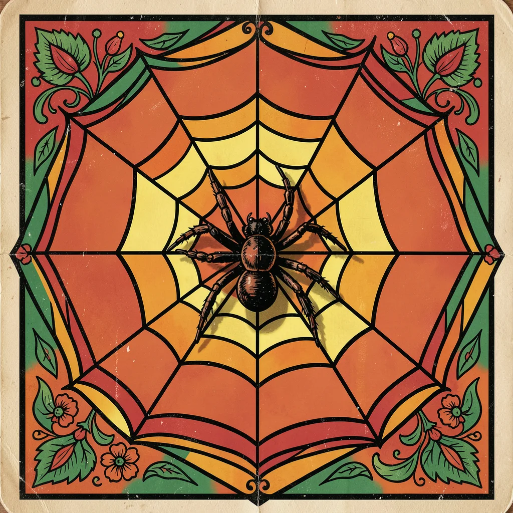 Mexican lotería card illustration, a spider in the center of its intricate web ,