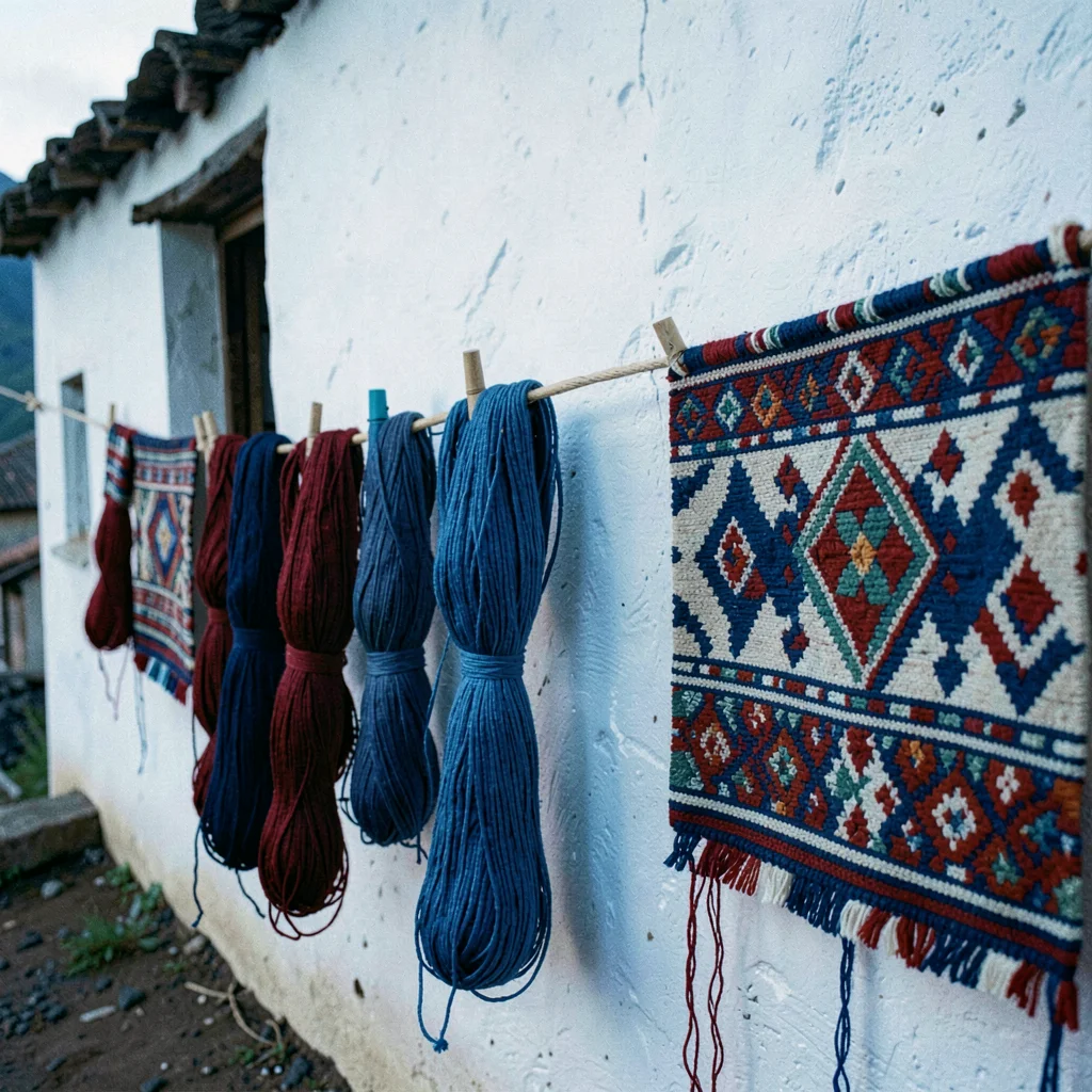 Documentary photograph with Guatemalan highland aesthetic, Skeins of naturally d