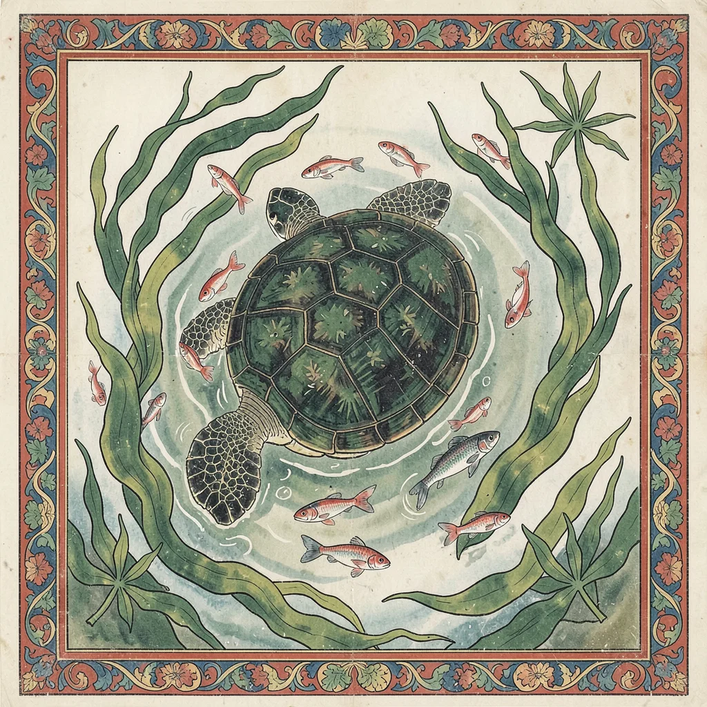 Turtle swimming among seaweed and small fish, overhead view