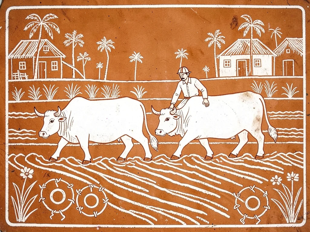 Two oxen plowing a field — lines of turned earth, farmer guiding behind