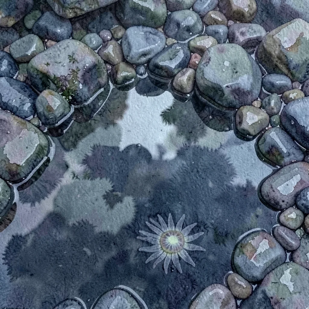across a tide-pool at low light, dark water mirrored against wet pebbles, a smal