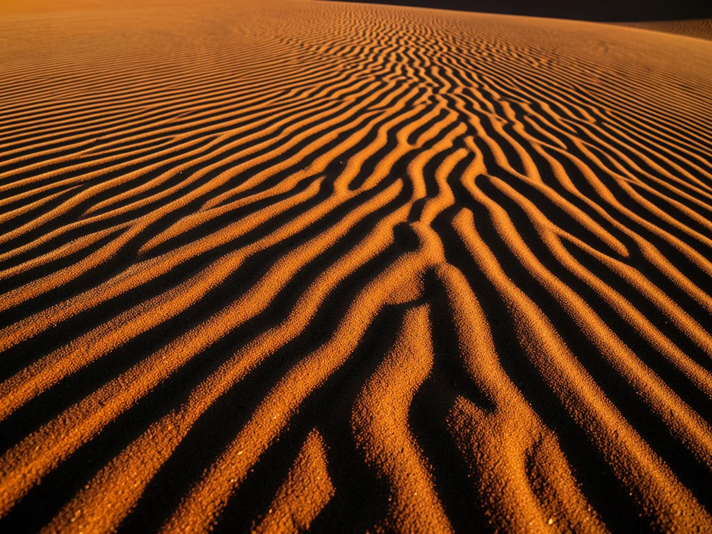 Sand ripple field in extreme raking sidelight, every ripple casting its own shad