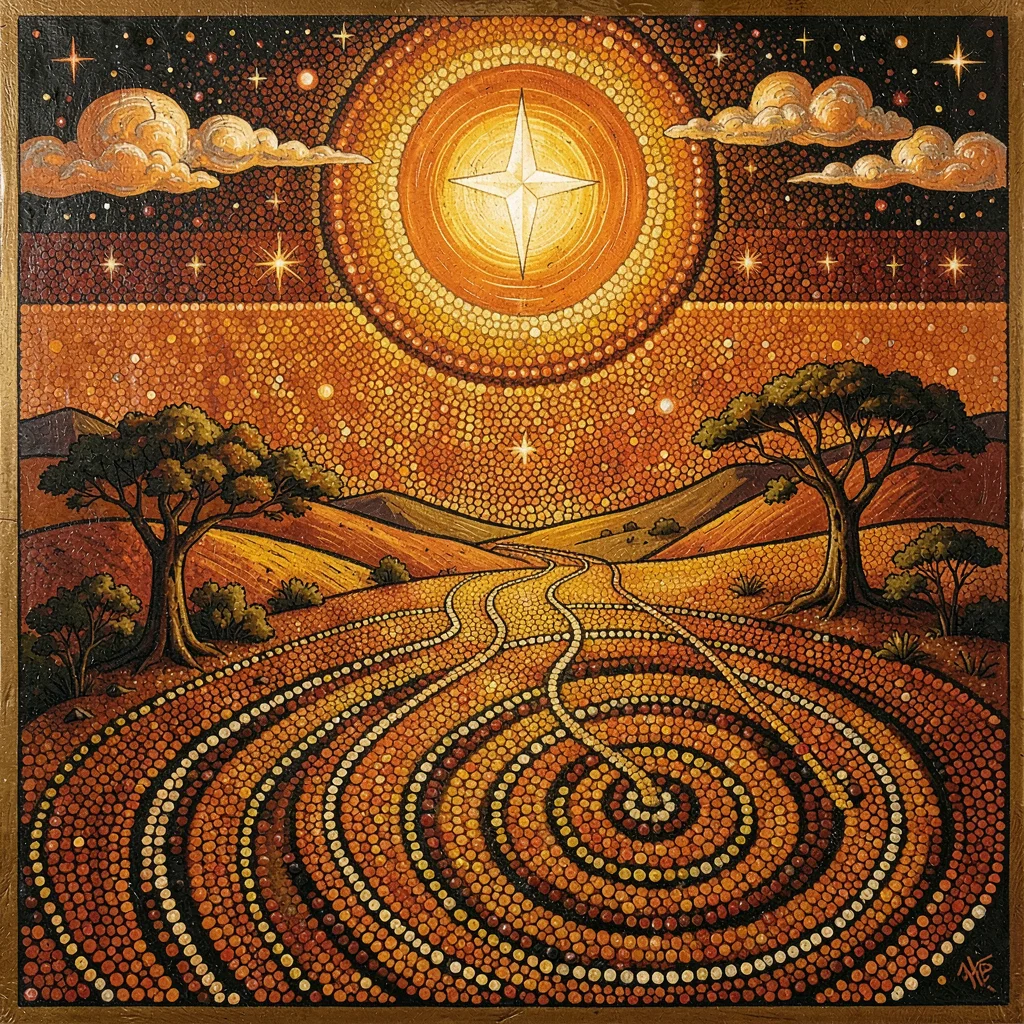 Indigenous Australian dot painting illustration, the morning star rising over co