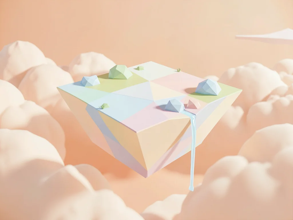 Pastel-faceted island floating above a peach-toned cloudscape with a tiny waterf
