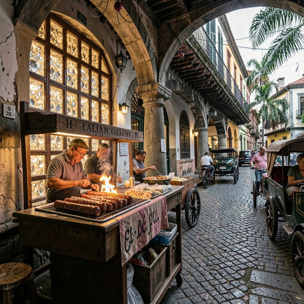 Vigan colonial heritage, Spanish-Filipino fusion, street food vendor under colon